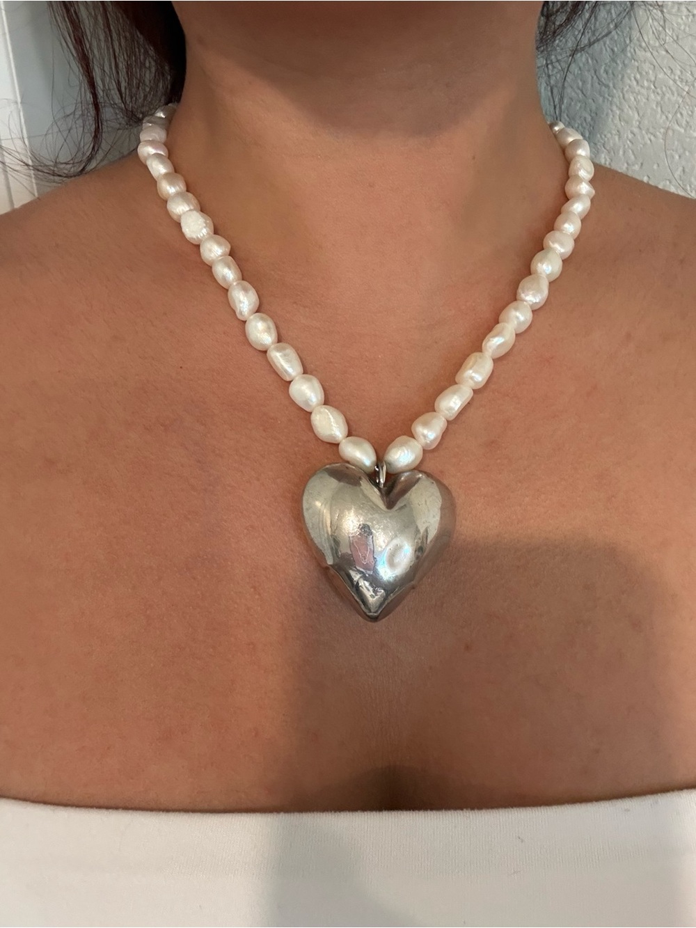 Pearl Necklace with Silver Heart Pendant